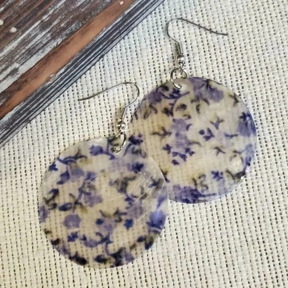 Capiz Shell Earrings Purple Green Flowers - Picture 1 of 2